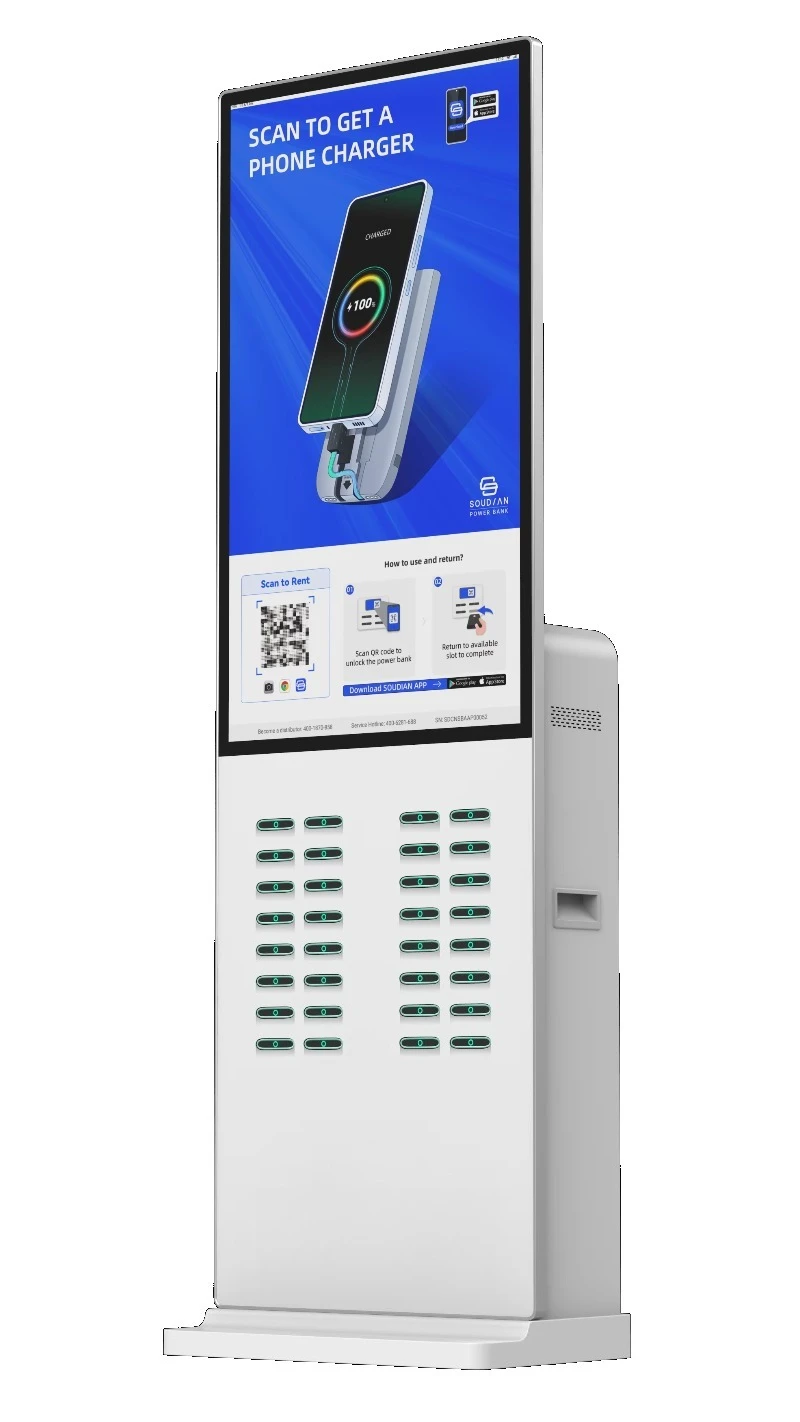 32 Slot Power Bank Rental Station 43 Inch Advertising Kiosk Shared Power Banks 10000mAh