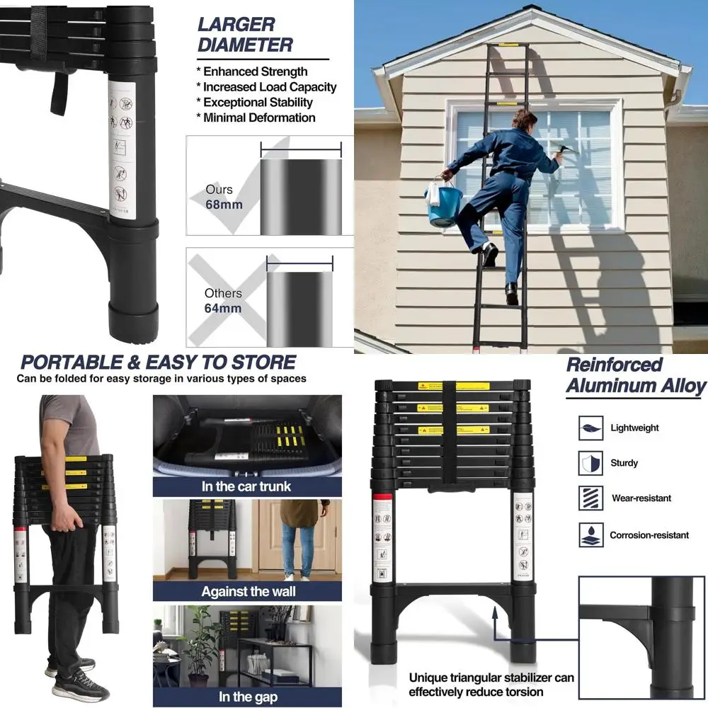

Aluminum Telescoping Ladder 10.5 FT, Light, Collapsible, 330 lbs Capacity, Stabilizers, for Home, RV, Outdoors