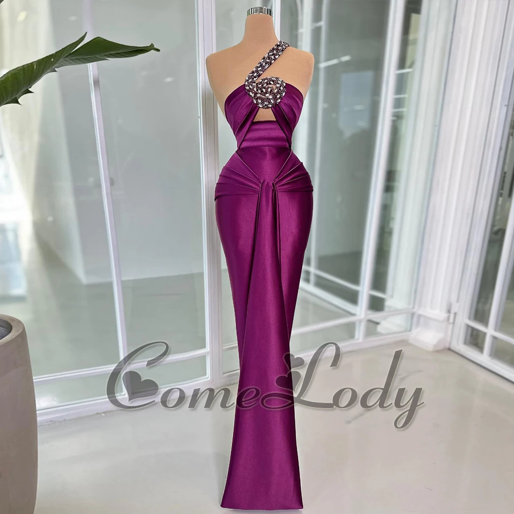 

Comelody Modern Satin Formal Evening Dresses for Women Lace Up Mermaid Pleat One Shoulder Vestido De Fiesta Made to Order