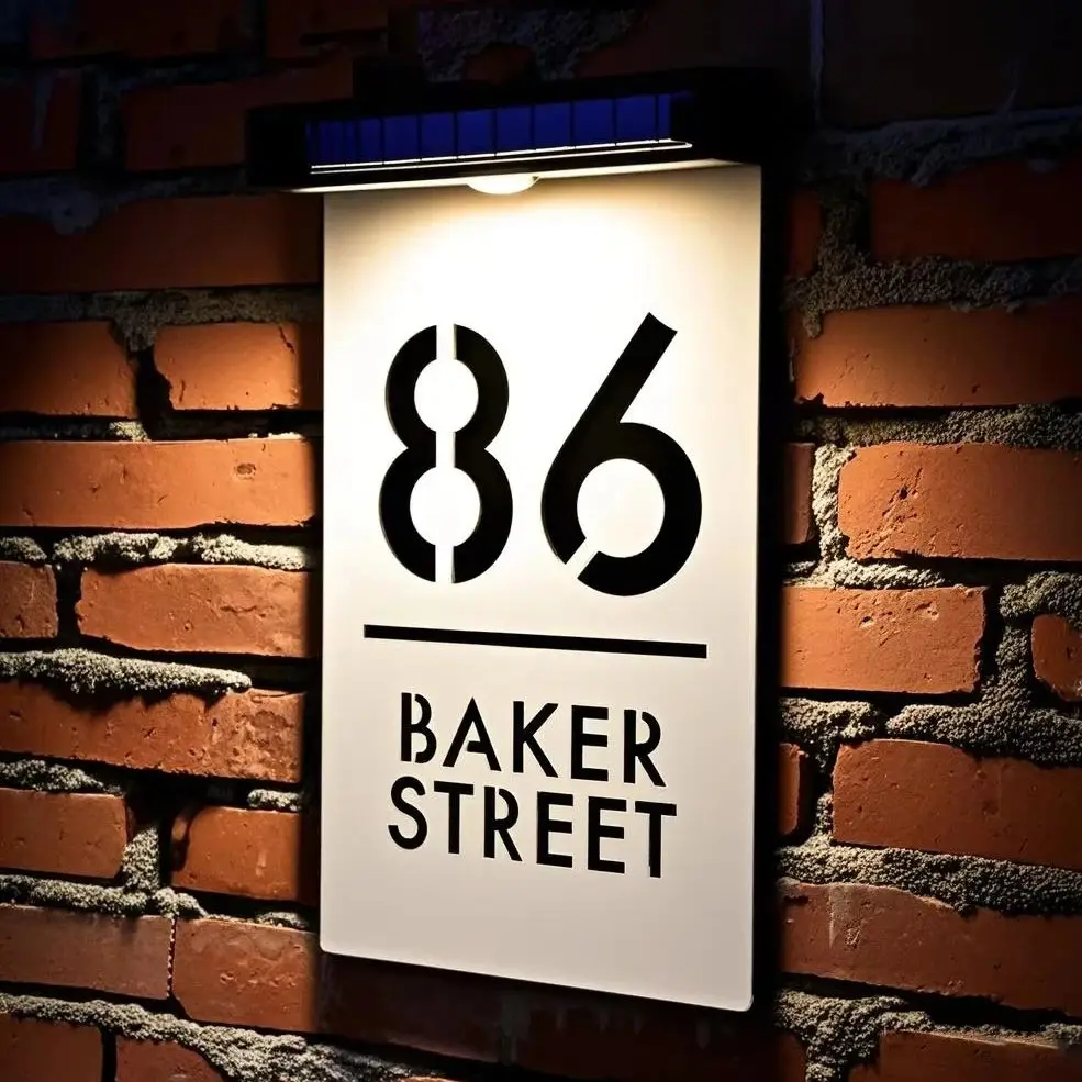 Customized Solar House Number Sign LED Outdoor Door Plate Acrylic Personalized Laser Cut Exterior Family Address Sign