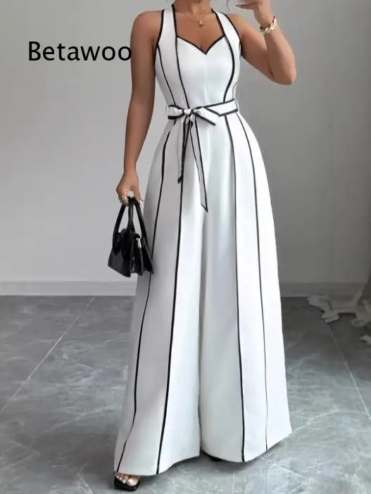 Women French Stripe Sleeveless Jumpsuit V Neck Black White Color Block Wide Leg Pants Waist Cinching Relaxed Outfit For Daily W