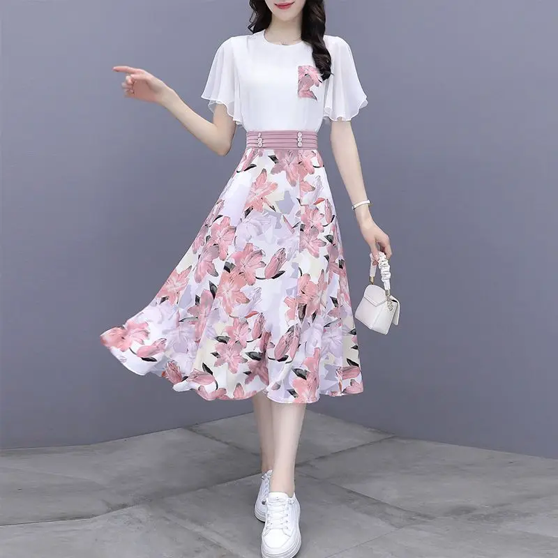 

Chiffon printed skirt super fairy summer skirt 2023 casual o neck short sleeve t shirt printed skirt two-piece set of half skirt