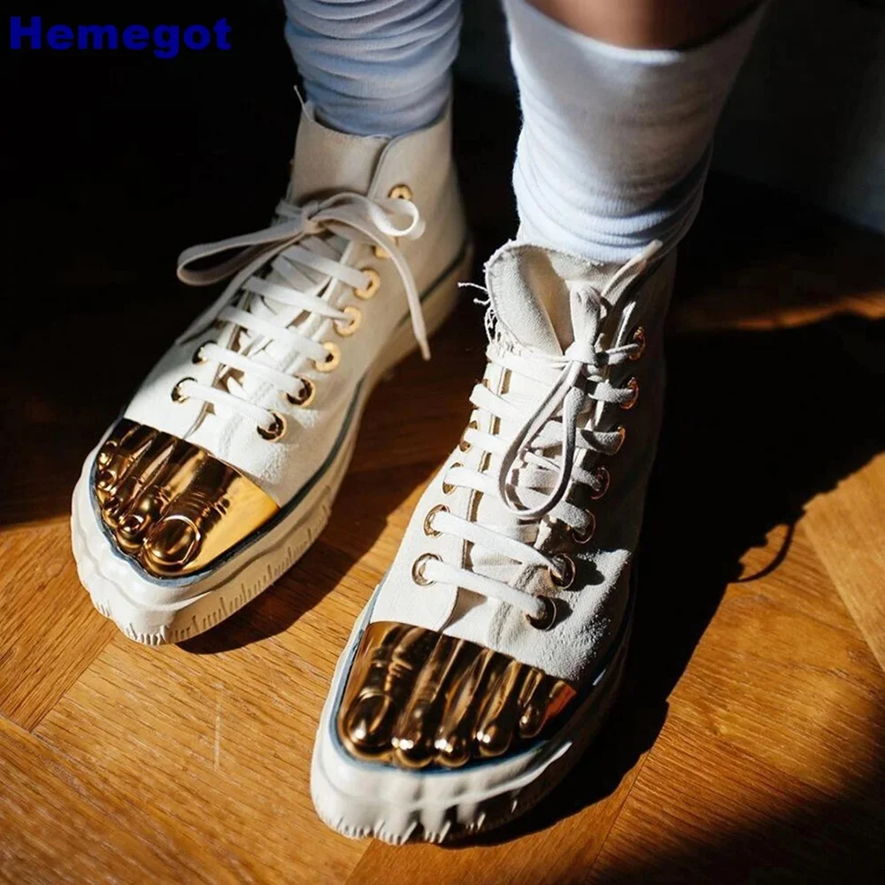 Men\'s and Women\'s Golden Five Fingers Shoes 2024 Summer Street Catwalk Fashion Gold Boots Model Party Flat Heels Sneakers