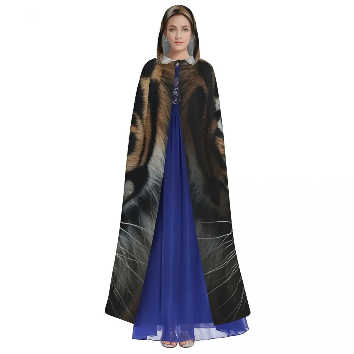 Эскиз из меха тигра, цветное изображение, длинный плащ с капюшоном, средневековый костюм ведьмы, накидка для косплея, пальто на Хэллоуин для взрослых, унисекс