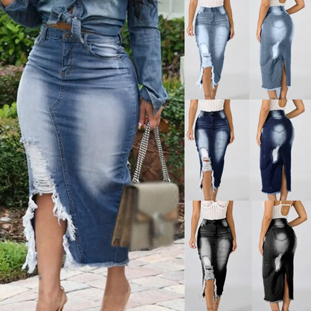 Ripped Destroyed Denim Skirts Women High Waist Slim Fit Bodycon Hips Pencil Long Skirt Elegant Plus Size S-5XL Faldas Mujer Moda