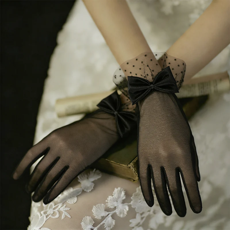 1 Pair of Polka Dot Mesh Short Lace Bow Polka Dot Lace Gloves Dinner Gloves Bridal Wedding Dress Gloves