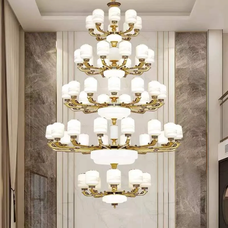 2022 new duplex villa living room large chandelier new Chinese-style building middle floor with high jump floor hollow five-laye