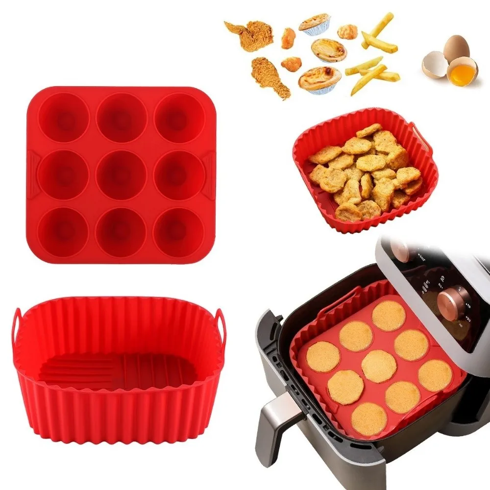 2 Pcs Square Air Fryer Accessories Non-Stick Heat-resistant Silicone Baking Tray Reusable Kitchen Tools Baking Pan Meal Prep