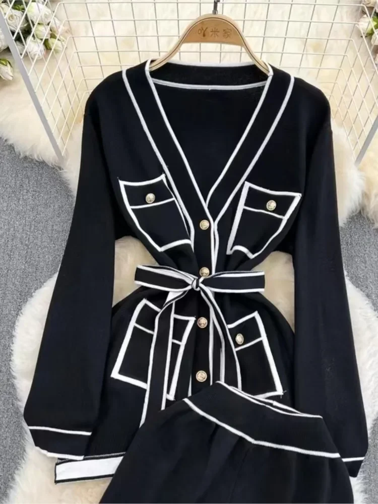 Autumn Knitted 2 Two Piece Set Women Striped Print Korean Ladies Cardigans High Waist Fashion Casual Wide Leg Pants Woman A48