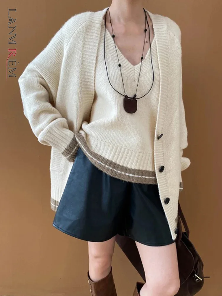 [LANMREM] Fashion Knitting 2 Piece For Women V Neck Fit Vest Cardigan Long Sleeve Loose Coats Female 2024 Autumn New 26C524