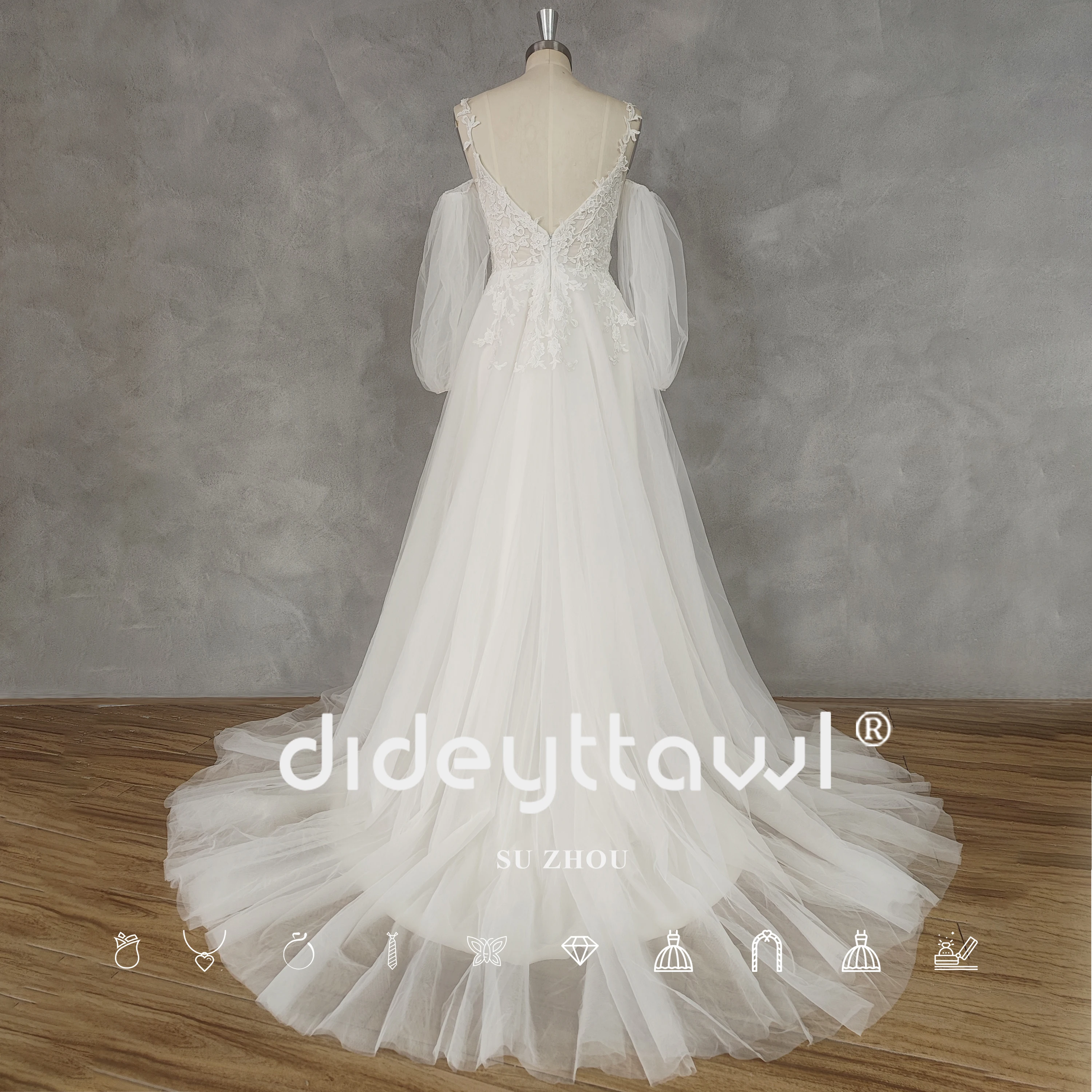 DIDEYTTAWL Real Picture Deep V-Neck Long Puff Sleeves Appliques Tulle A-Line Wedding Dress Boho Backless Court Train Bridal Gown