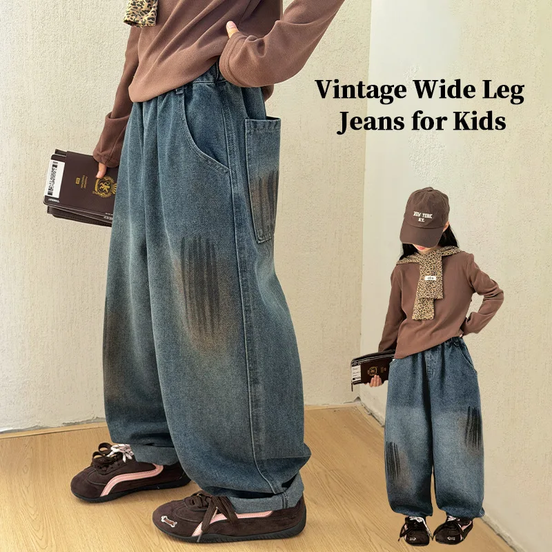 Autumn Retro Boys Straight Denim Pants Kids Hip Hop Jeans Loose Wide Leg Trousers with Graffiti Design for Spring