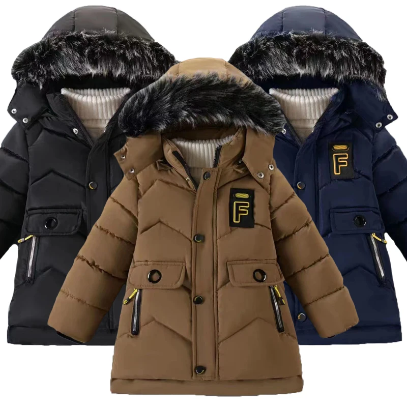 2025 New Style Winter Keep Warm Boys Jacket Letter F Fashion Lining With Plush Fur Collar Hooded Heavy Coat For Kids