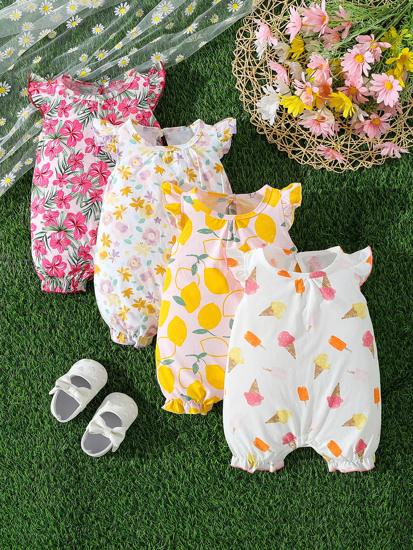 

4-Piece Set Baby Girl Boy Rompers Summer Clothes Flight Sleeve Style Flat-Crotch Onesies for Newborns Crawling Outfit