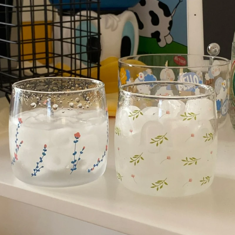 

Transparent Glass Mug Creative Printing Home Heat-resistant Water Cup Breakfast Oat Milk Cup Office Coffee Cups Wine Glasses New