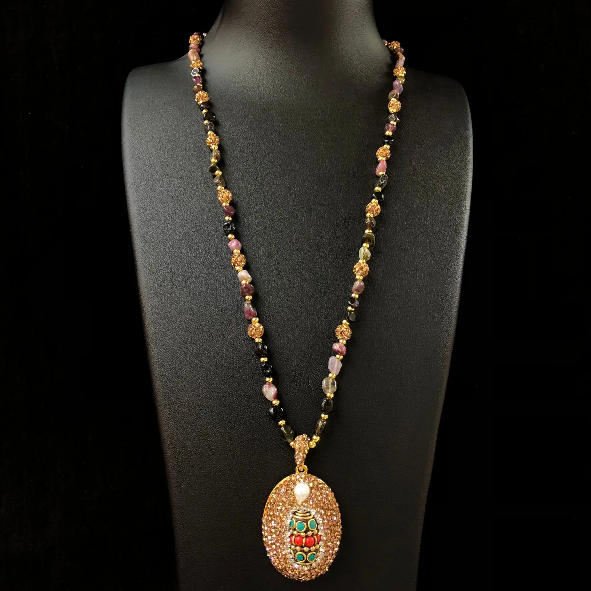 

Western Regions ethnic style pendant inlaid with Baroque freshwater pearl women's natural tourmaline necklace New jewelry wholes