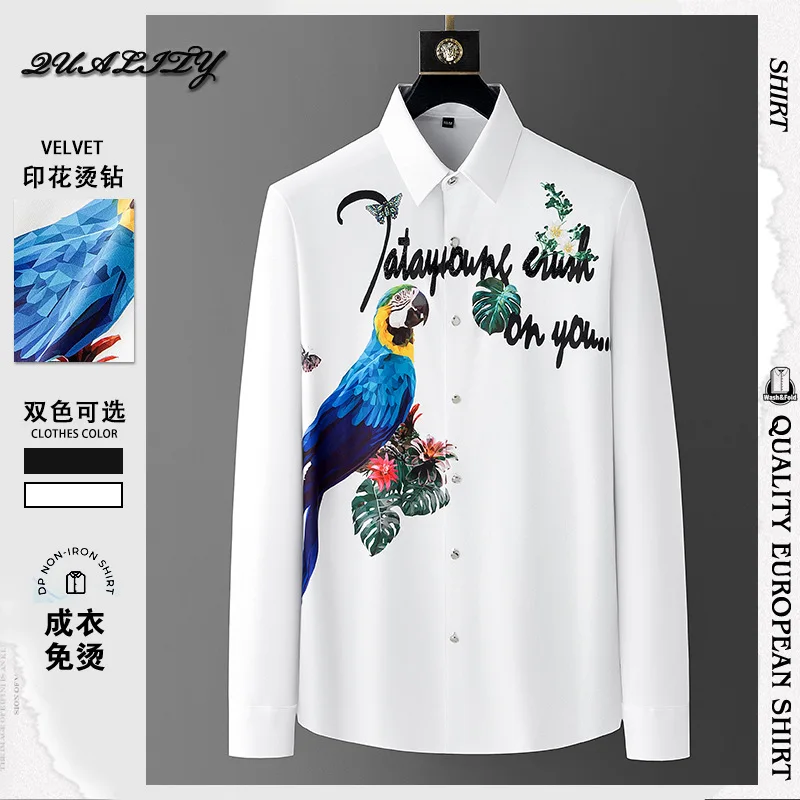 

New Spring Fashion Shirt Men's Animal Pattern Hot Diamond Slim Fit Flip Collar Long sleeved Shirt