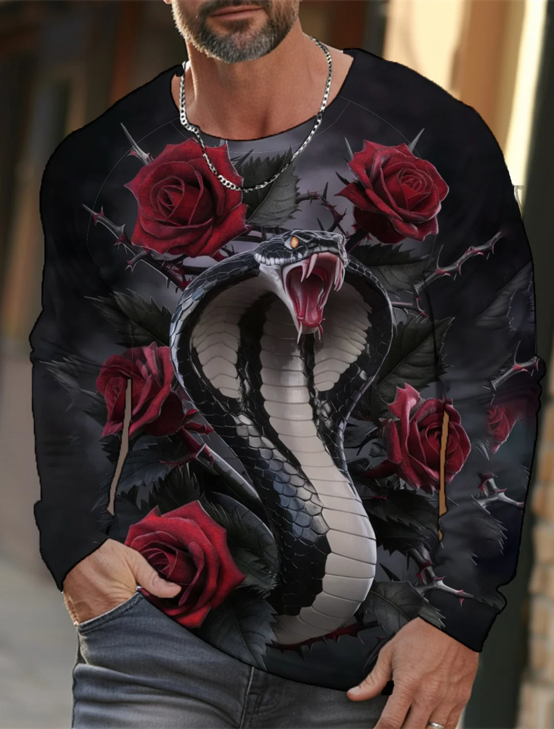 Mens Street 3D Snake New Year Fierce Print T-Shirt Casual Crew Neck Graphic T-Shirt Tops Breathable Sports Long Sleeve Men