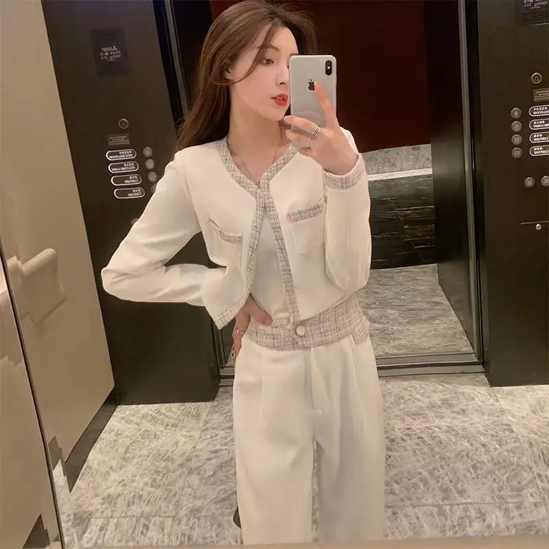 

Spring Woman's Fragrance Bright Silk Stitching Texture Blazer Wide-leg Pants Set Retro Contrast Round Neck Suit Two-piece Sets