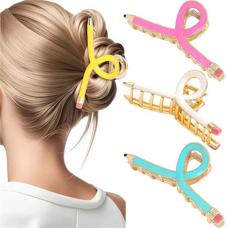 

4-piece set of women's pencil hair clips - bright yellow, pink, light blue metal clips, suitable for thick and thin hair, Teacher's Day gifts, party&Christmas dressing accessories, fun design, colorful pencil shapes