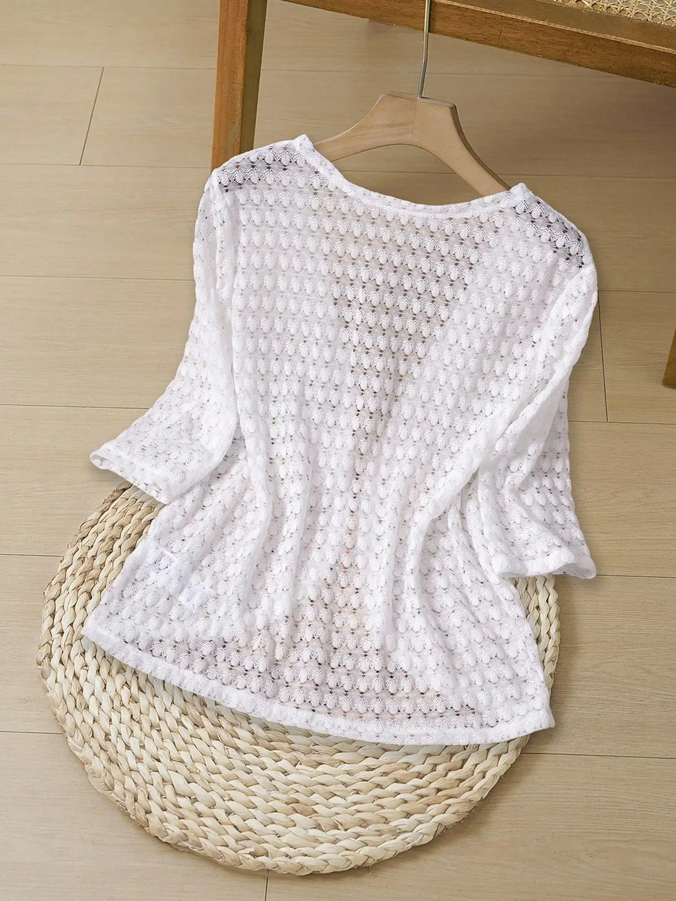 Biały koronkowy kardigan z otwartym przodem dla kobiet, letnia narzutka plażowa, swobodny styl boho z rękawami 3/4