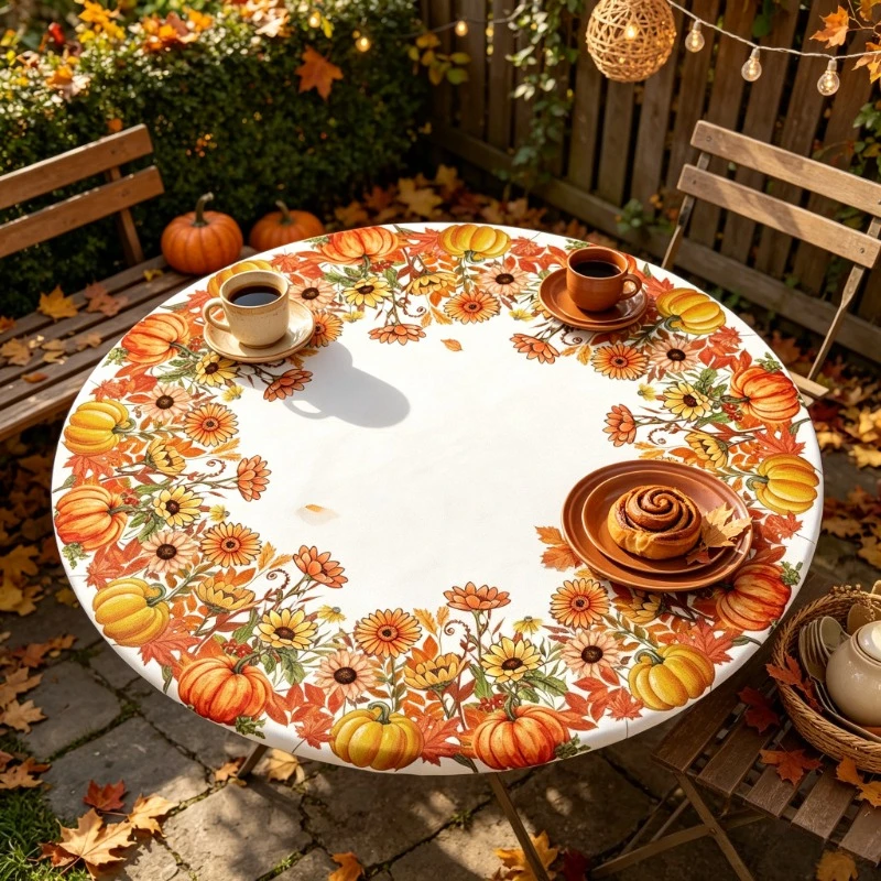 Pumpkin Printing Elastic Fitted Round Table Cover Waterproof & Oil-proof Washable Dining Tablecloth Harvest Thanksgiving Decor