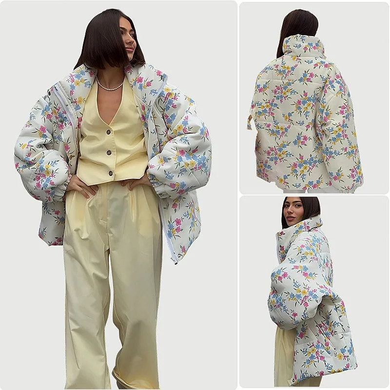 Women's Quilted Coats Winter Spring Fall Zip Up Stand Collar Printed Puffer Jackets Warm Outerwear