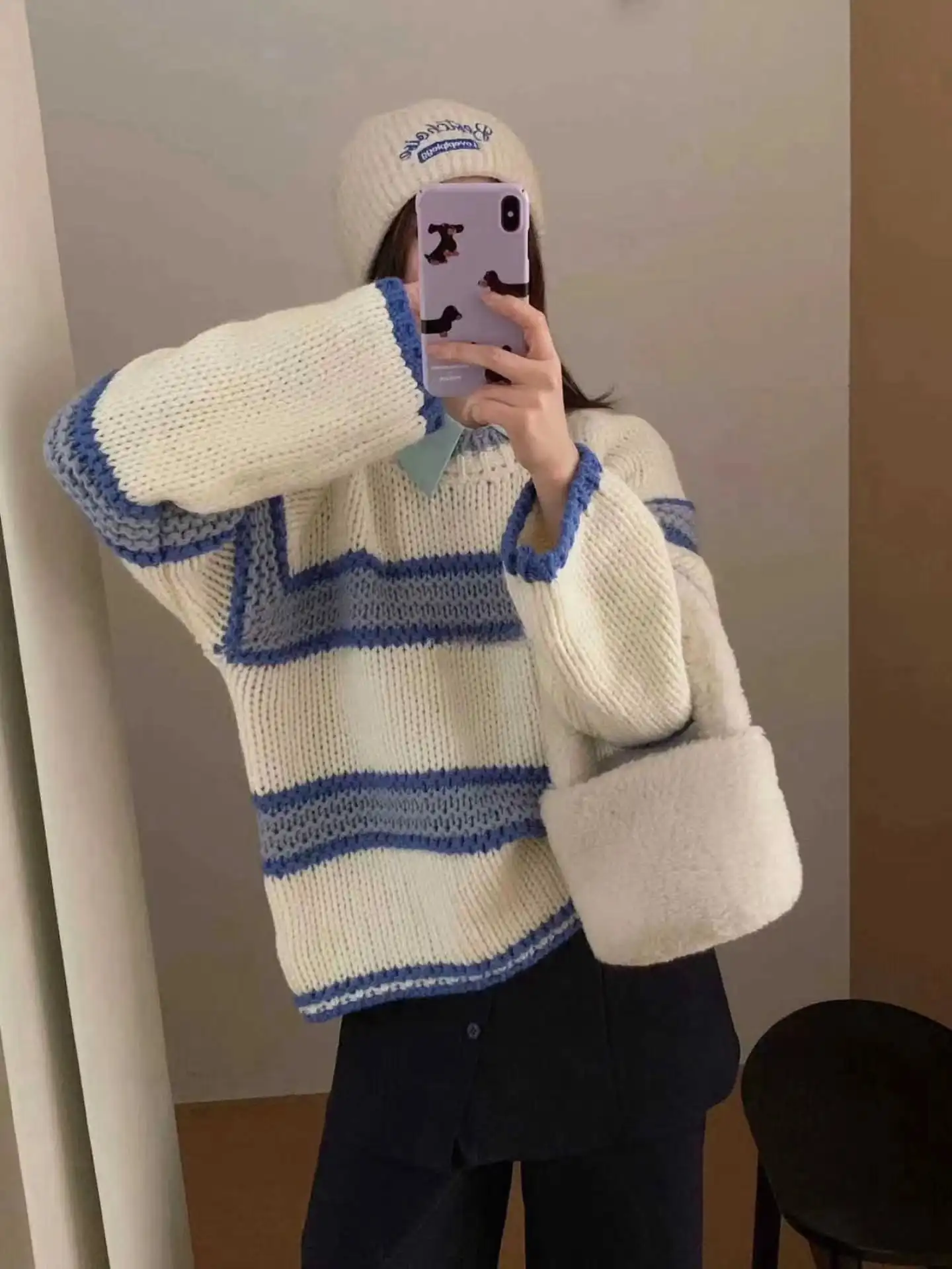 Chic Loose Long Sleeve Knitted Sweater round Neck Striped Autumn Winter New Style Women's Regular Fit Comfortable Casual Sweater