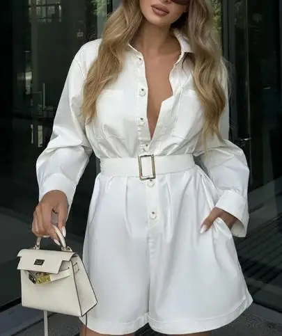 Women's Clothing 2025 Autumn New Item Solid Color Personalized Fashion Long Sleeved Top High Waisted Jumpsuit Shorts