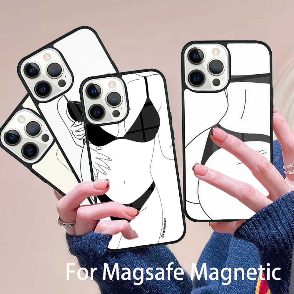 

Woman Body Line Art Phone Case Magesafe Magnetic Wireless Charge Cover For IPhone 16 11 12 13 14 15 Pro Max Plus Mini