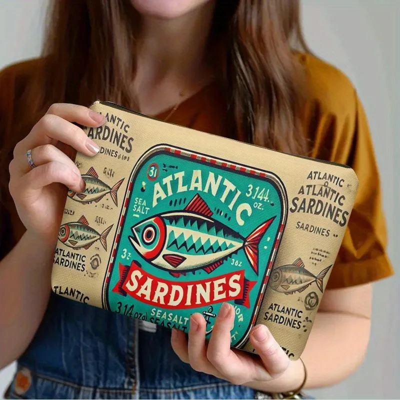 حقائب مستحضرات التجميل كلاسيكية من سردين، حقيبة تنظيم السفر، حقيبة مكياج بسحاب مع رسوم توضيحية من السردين، حقيبة أدوات الزينة القابلة للطي #3