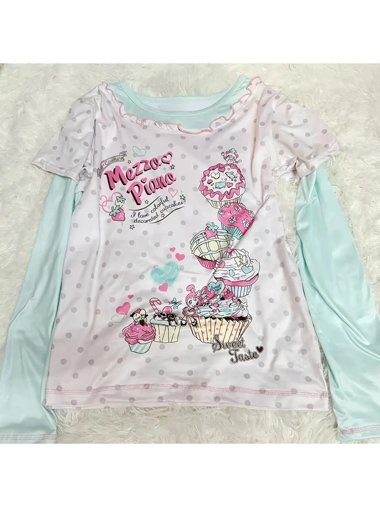 

Японская милая футболка с длинным рукавом в стиле Лолиты, женские футболки Harajuku с мультяшным принтом Kawaii, Y2K, американские повседневные поддельные женские топы из двух предметов