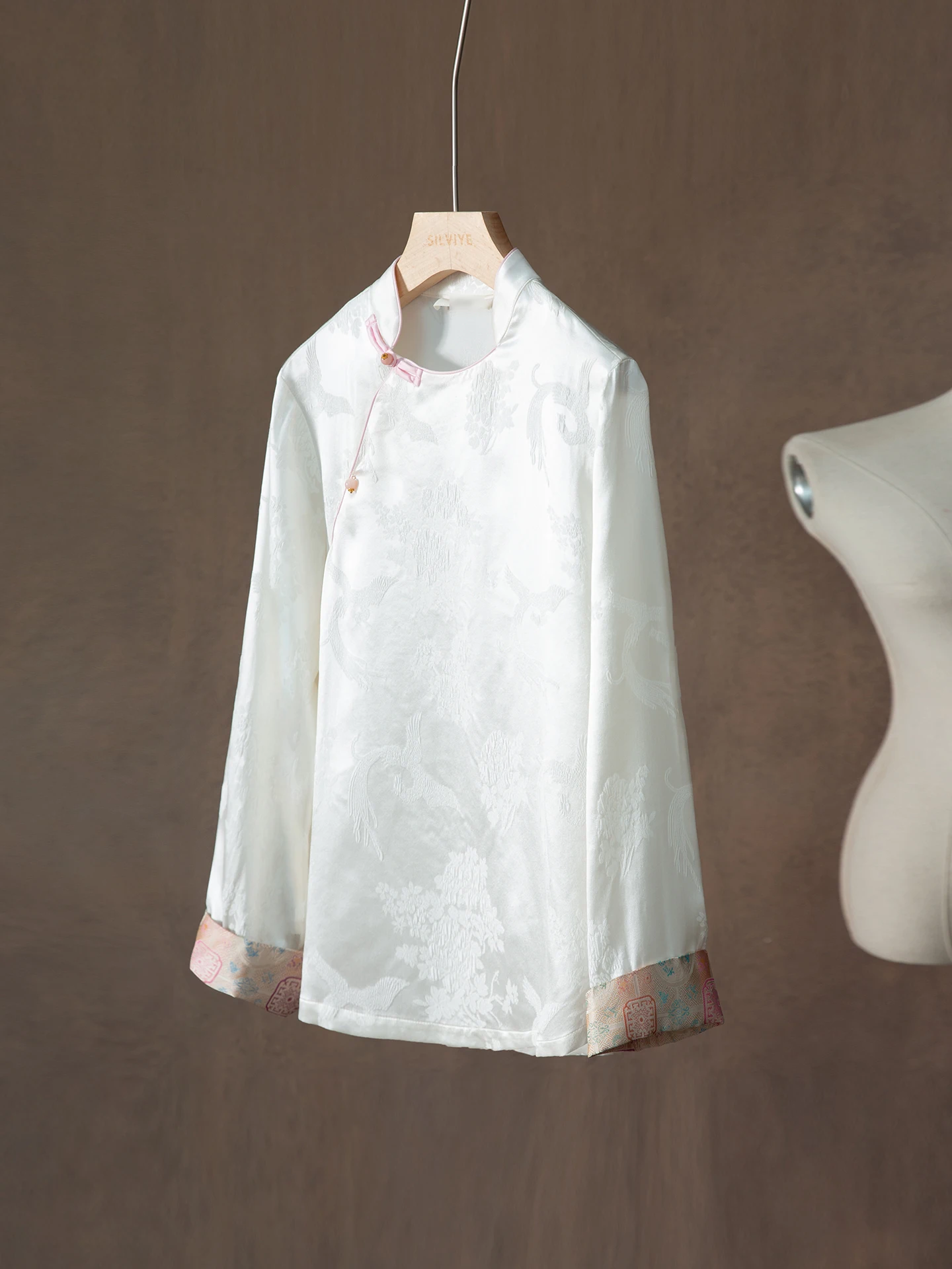 

High-End 35 Momme Silk Song Jin National Sle Long Sve Women's irt Spring Season Straight Cut Fit round Ne P...