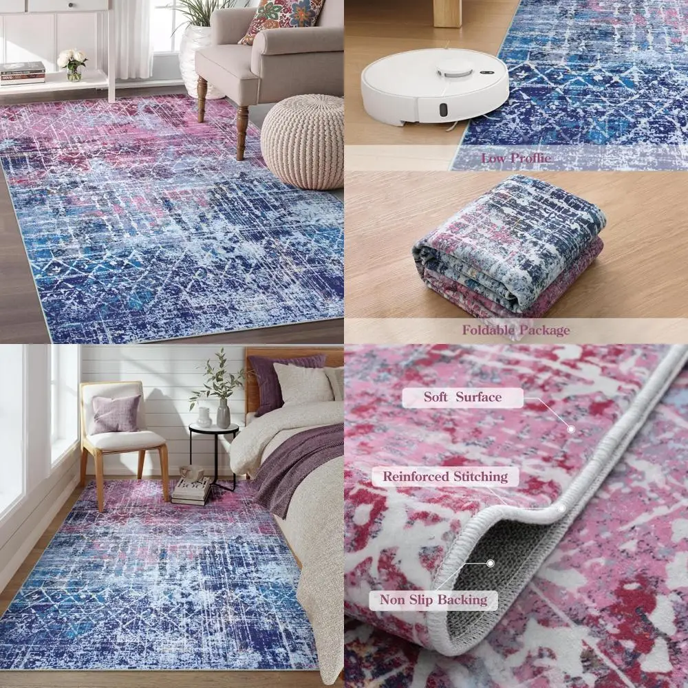 

Абстрактные фиолетовые розовые коврики в стиле бохо для спальни, девочек и детей, моющийся цветной ковер в стиле преппи 5x7 для гостиной, столовой, нескользящий Mo