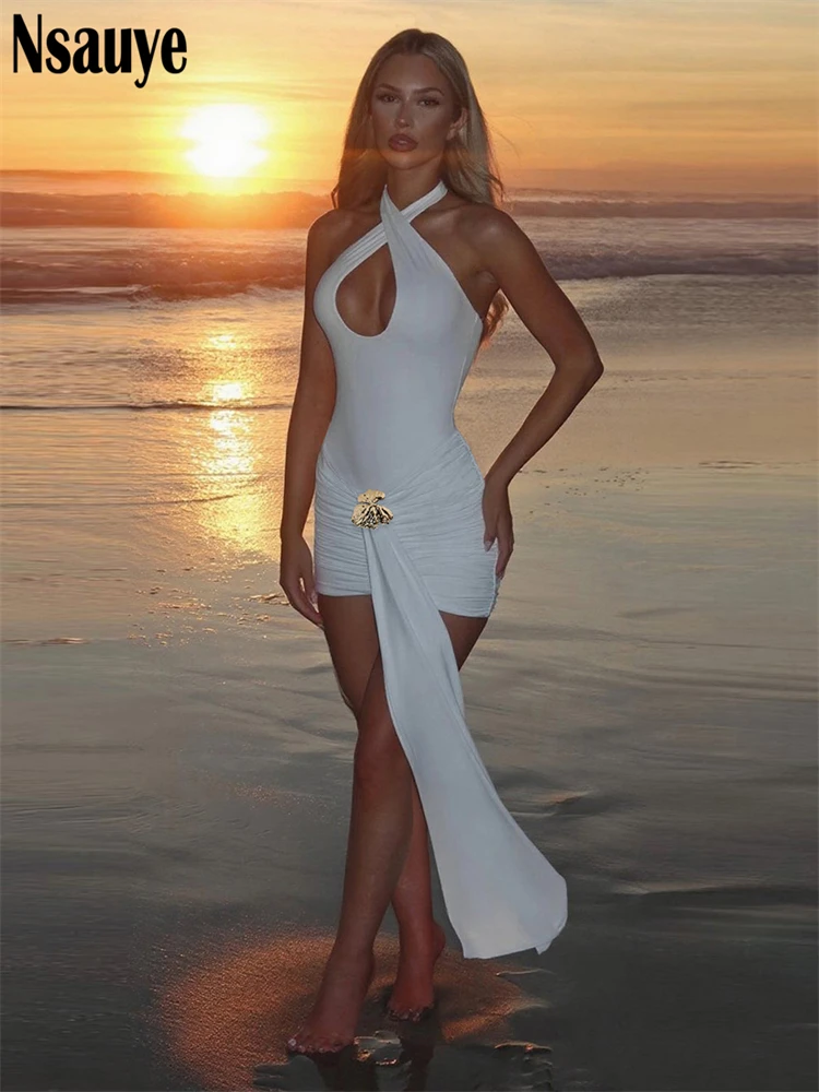 Nsauye 2025 夏休みノースリーブホルターミニボディコンドレス女性のためのクラブパーティー背中の開いたイブニングショートドレス Vestidos