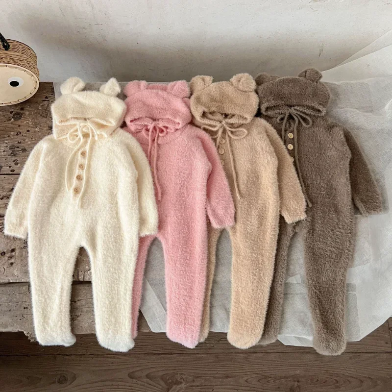 Rindu Baby winter jumpsuit baby clothes made mink fur cute teddy bear foot hugging crawling clothes going out