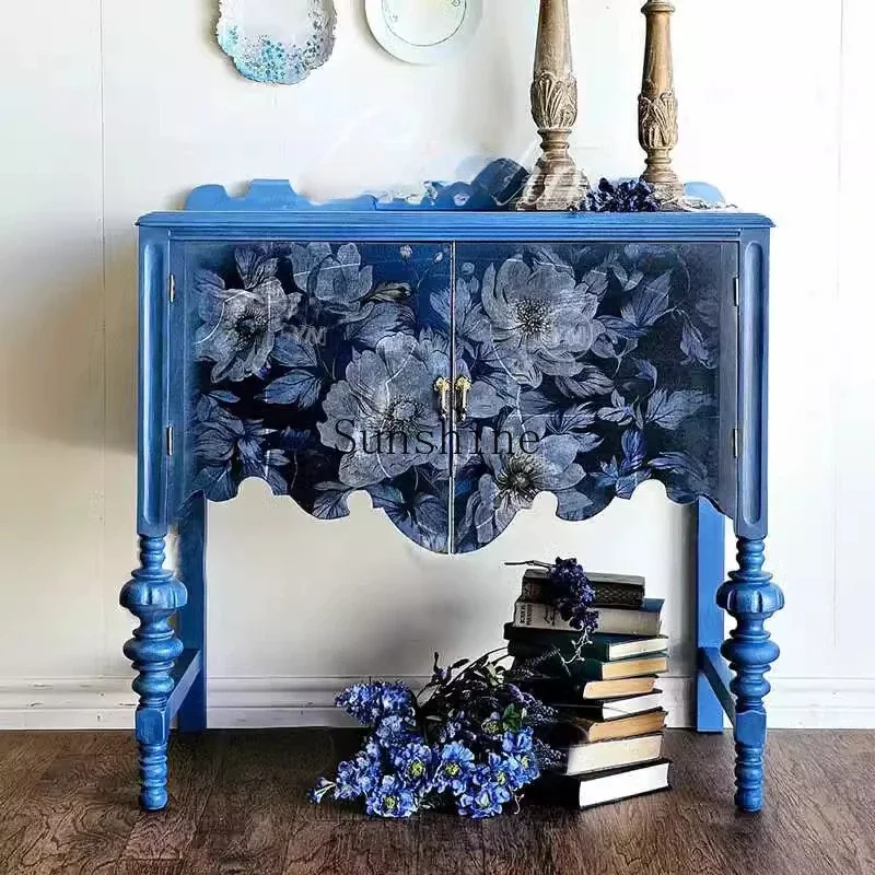 French retro porch solid wood carving flower living room art storage chest  FT