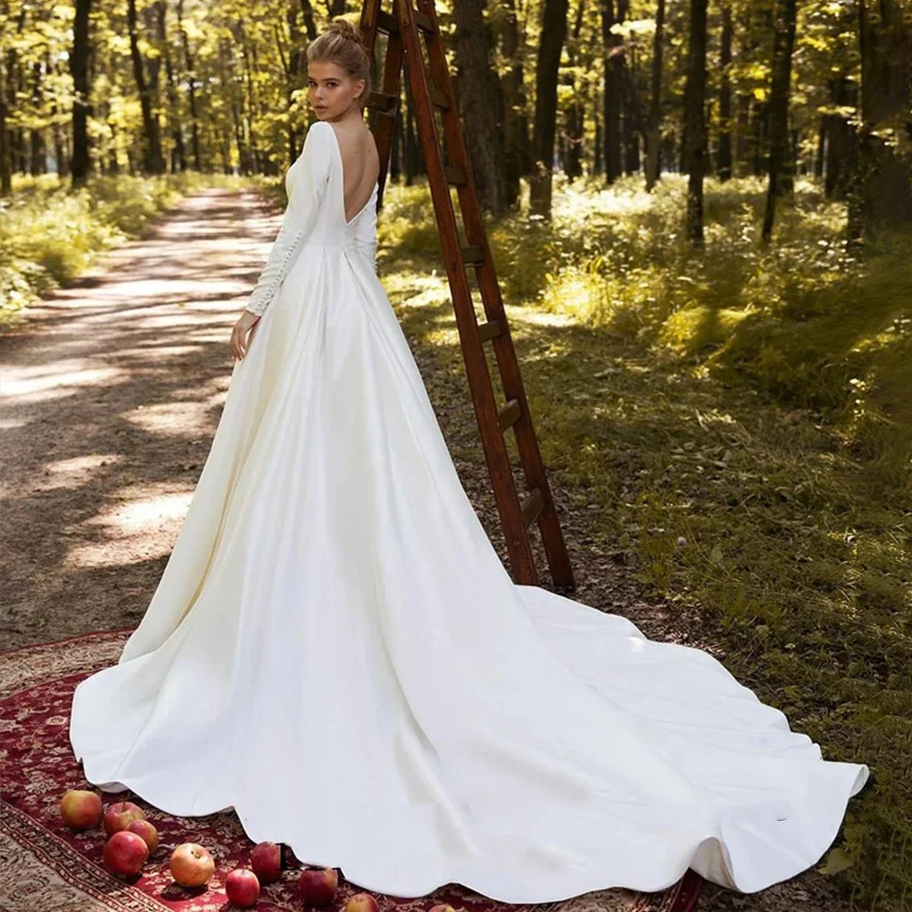 Customize Satin A-Line Wedding Dress Elegant Scoop Neck Long Sleeve Backless Princess Bridal Gowns Vestido De Novia