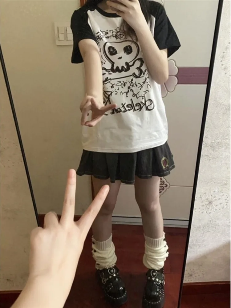 Japanese Y2k Aesthetic 2000 O Neck Short Sleeve T Shirts Constrast Color Gothic Cuter Print Girl Clothing Summer Punk Tops