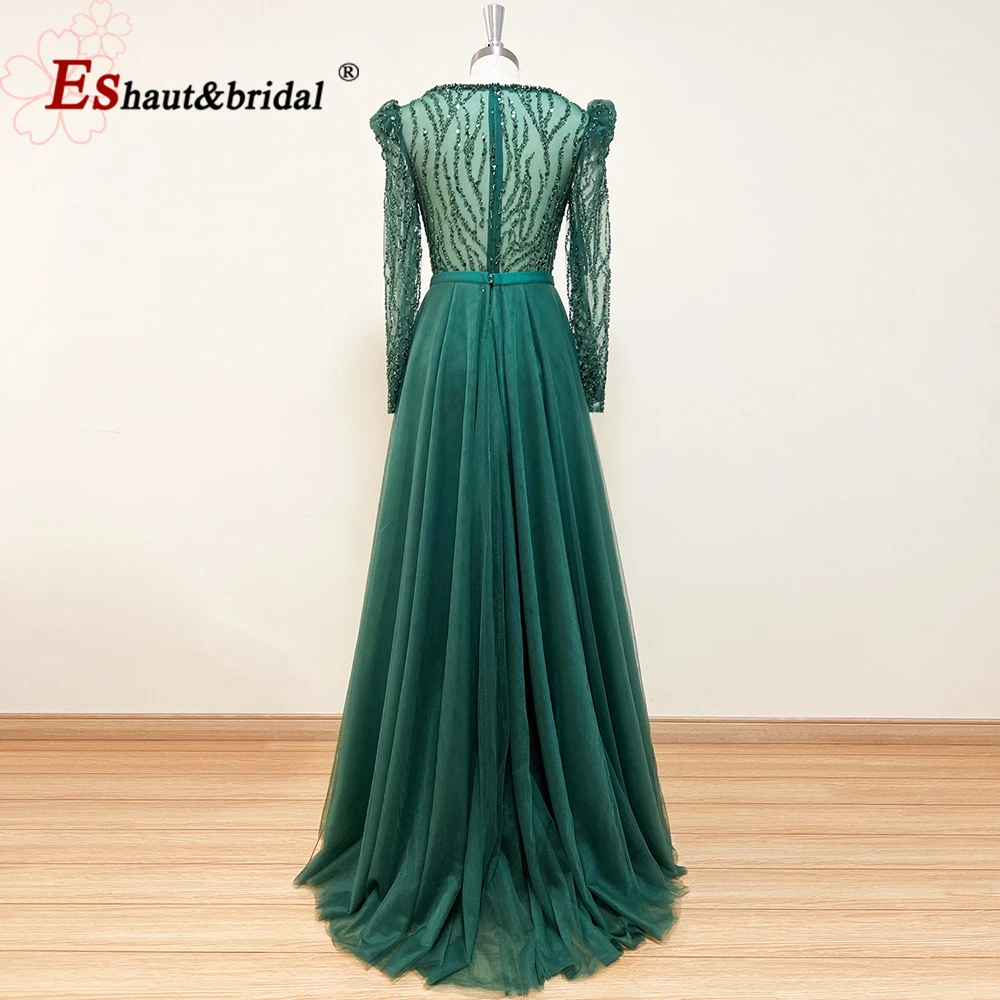 Elegant Mermaid Green Evening Night Dress for Women 2023 V Neck Long Puff Sleeves Beads Sequin Formal Prom Wedding Party Gowns