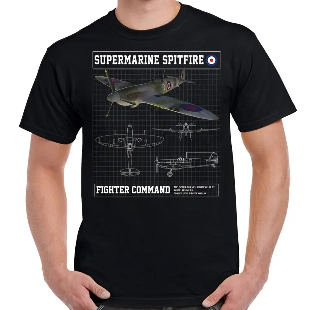 Royal Air Force Supermarine Spitfire Fighter Aircraft Schematic T-Shirt New Short Sleeve Casual 100% Cotton O-Neck Mens T-shirt