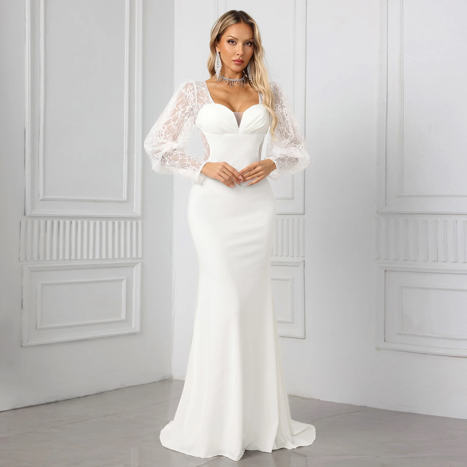 Long Sleeve Lace Sexy Wedding Dress Pleated Hollow Bride's Wedding Dress Satin Mermaid Wedding Dress