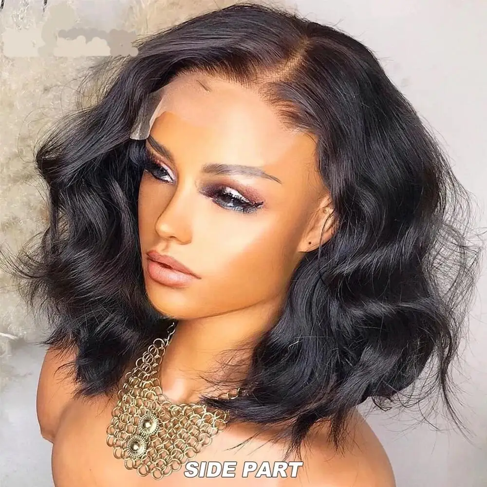 

Short Bob 18lnch 180% Density Natural Black Body Wave Soft Glueless Lace Front Wig For Women BabyHair Preplucked Daily Wig