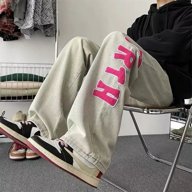 

American High Street Men's Jeans Mud Dye Straight Leg Wide Leg Pants Casual Autumn Trendy Brand Towel Embroidery Loose Fit