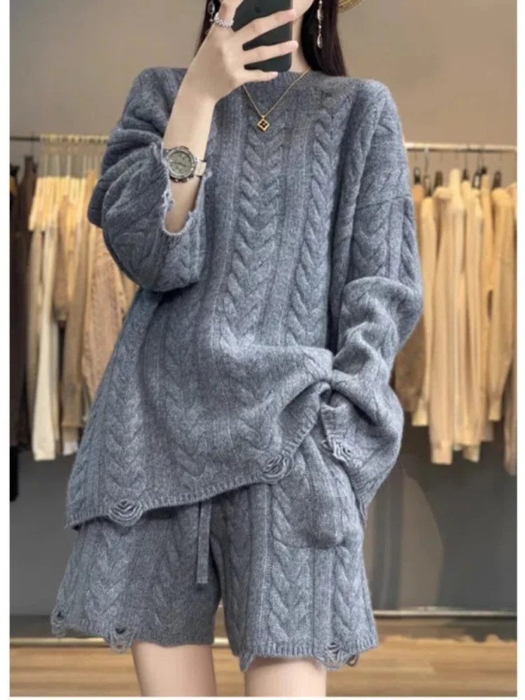 2024 Autumn Winter Knitted Shorts Suit Women Elegant Pullover Sweater Tops and Pants 2 Pieces Set Female Korean Fashion Clothes