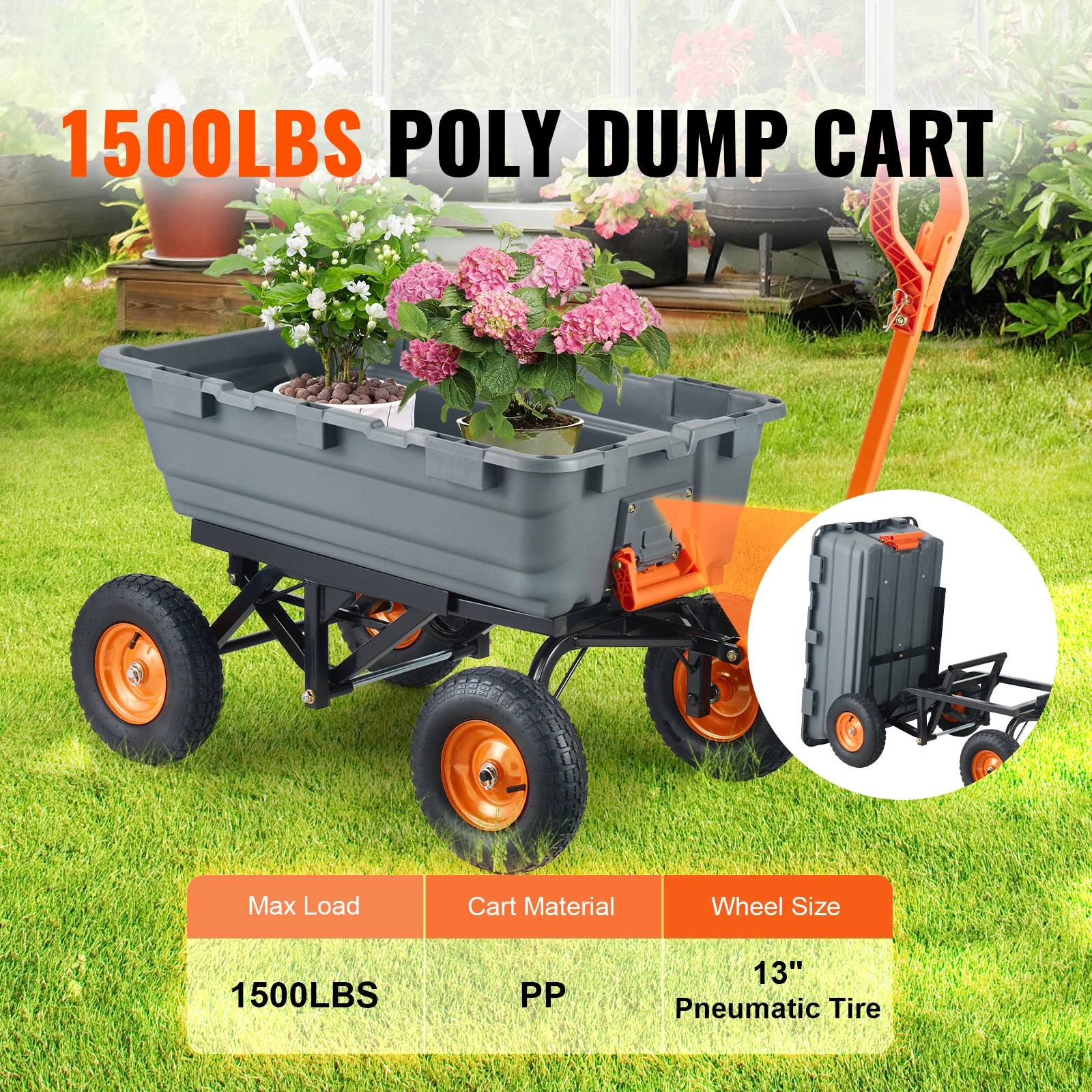 SucceBuy Garden Cart Durable Poly Dump Cart with Simple Assembly Steel Structure Versatile Dump Wagon with Dual-Function Handle