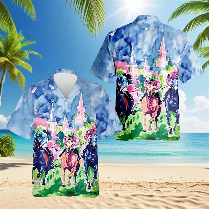 2025 Camisa Harajuku para hombre con estampado de carreras de caballos en 3D, camisa de manga corta con cuello cubano, camisa hawaiana para fiestas en la playa y Hawa