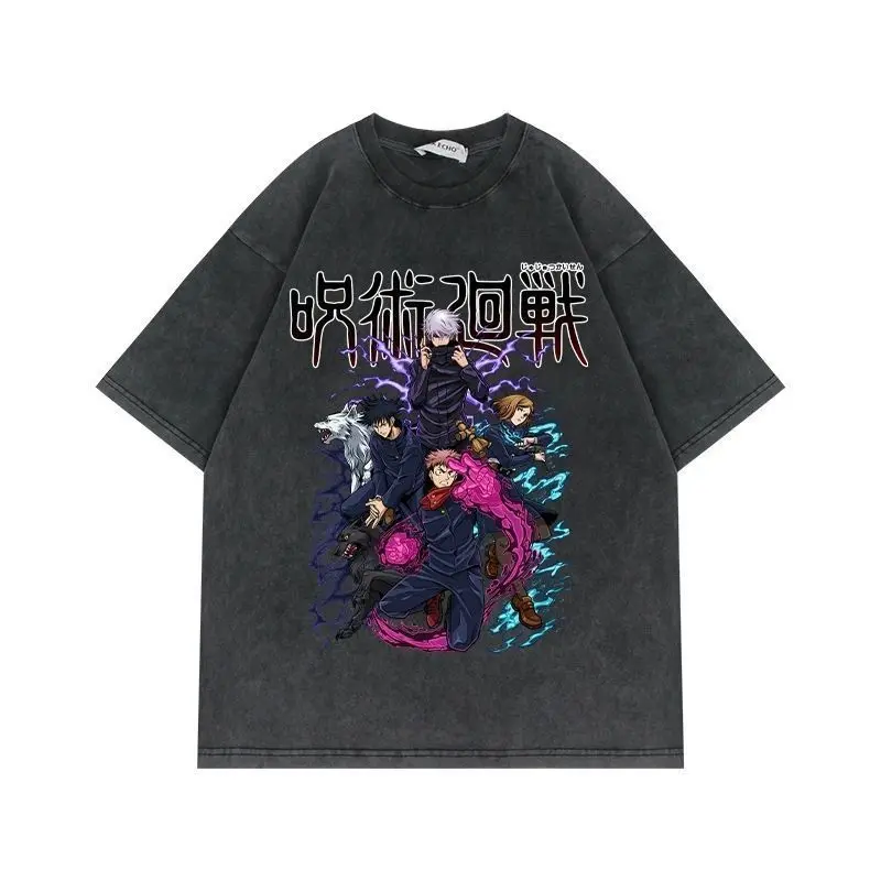 Jujutsu Kaisen Spell Back To Fight Five Wumi-Style Street Washed Old Retro Kurzarm-T-Shirt