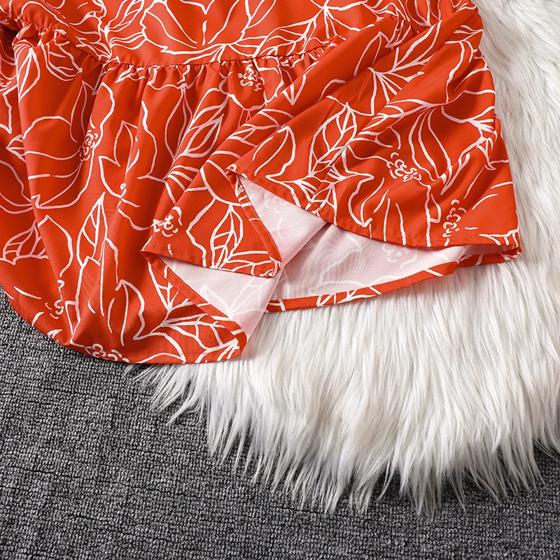 Langärmliges Kleid mit rotem Umrissdruck für Teenager-Mädchen, Stehkragen, geraffte Taille, mehrlagiges Rüschen-Swing-Outfit für Kinder im lässigen Stil – Detail 7
