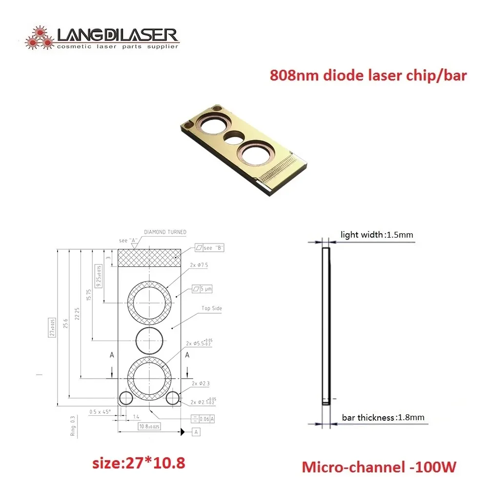 Micro Channel Diode Laser Bar / Diode Laser Chip / 808 & 810nm MI Laser Bar /  Power : 100W/each